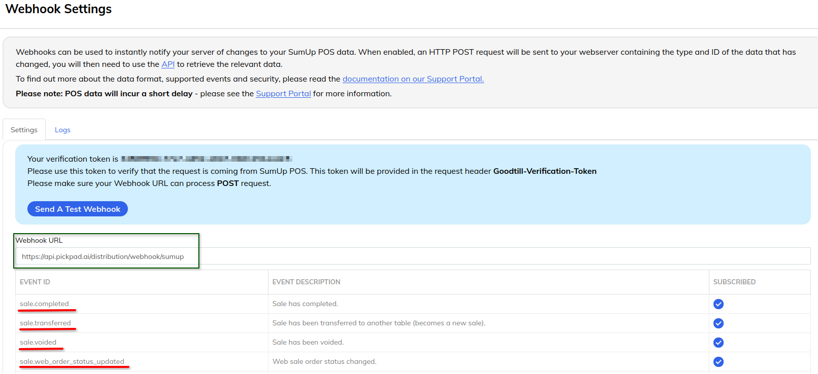 SumUp webhook settings